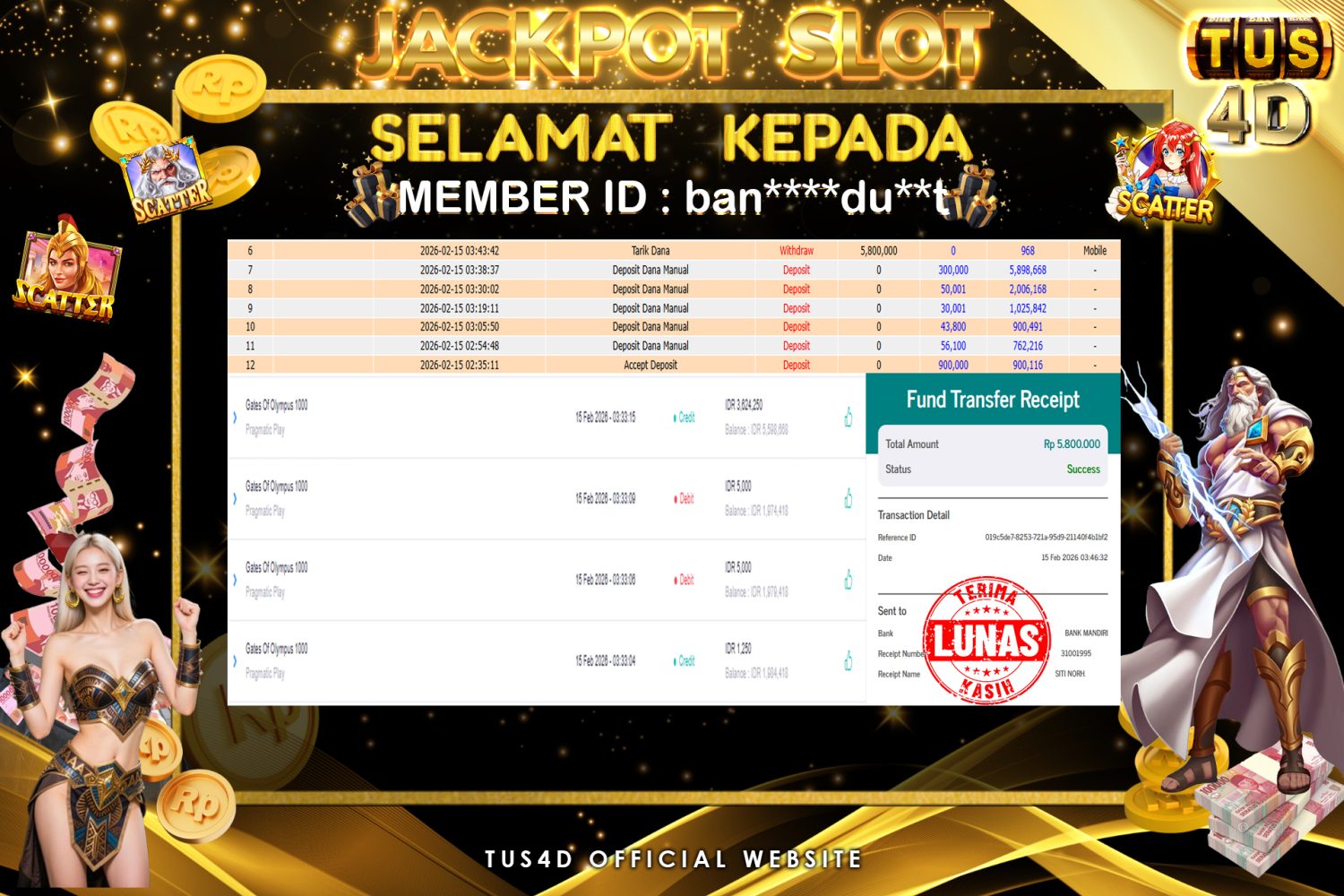 TUS4D JACKPOT SLOT Gates Of Olympus 1000 Rp 5.800,000.,- LUNAS