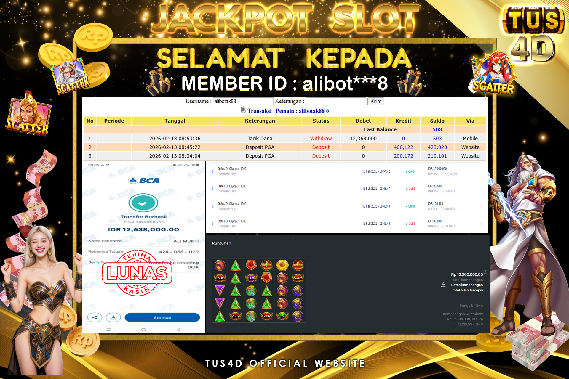 TUS4D JACKPOT SLOT Gates Of Olympus 1000 Rp 12.368.000.,- LUNAS