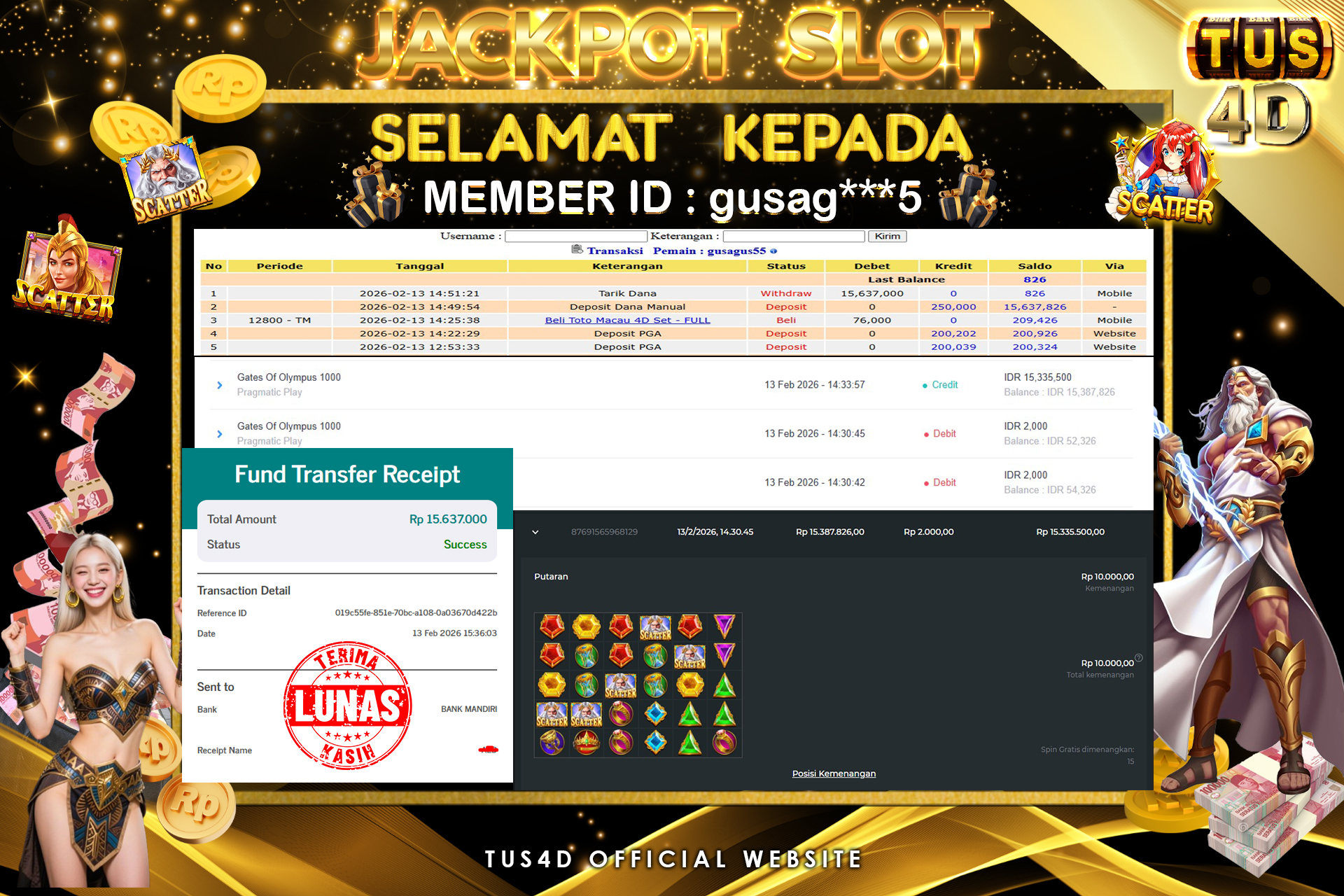 TUS4D JACKPOT SLOT Gates Of Olympus 1000 Rp 15.637,000.,- LUNAS
