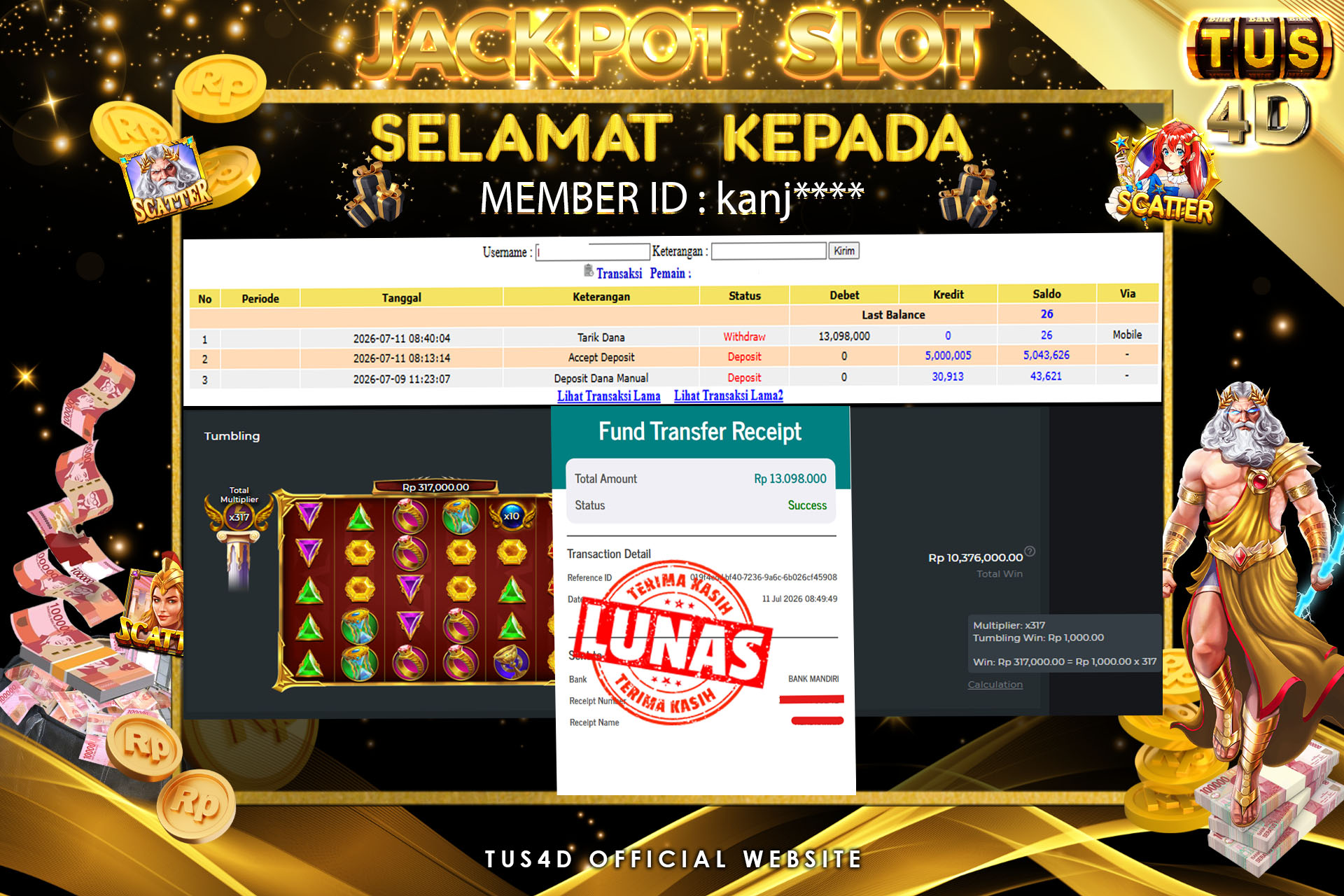 TUS4D JACKPOT SLOT Rp 13,098,000- LUNAS